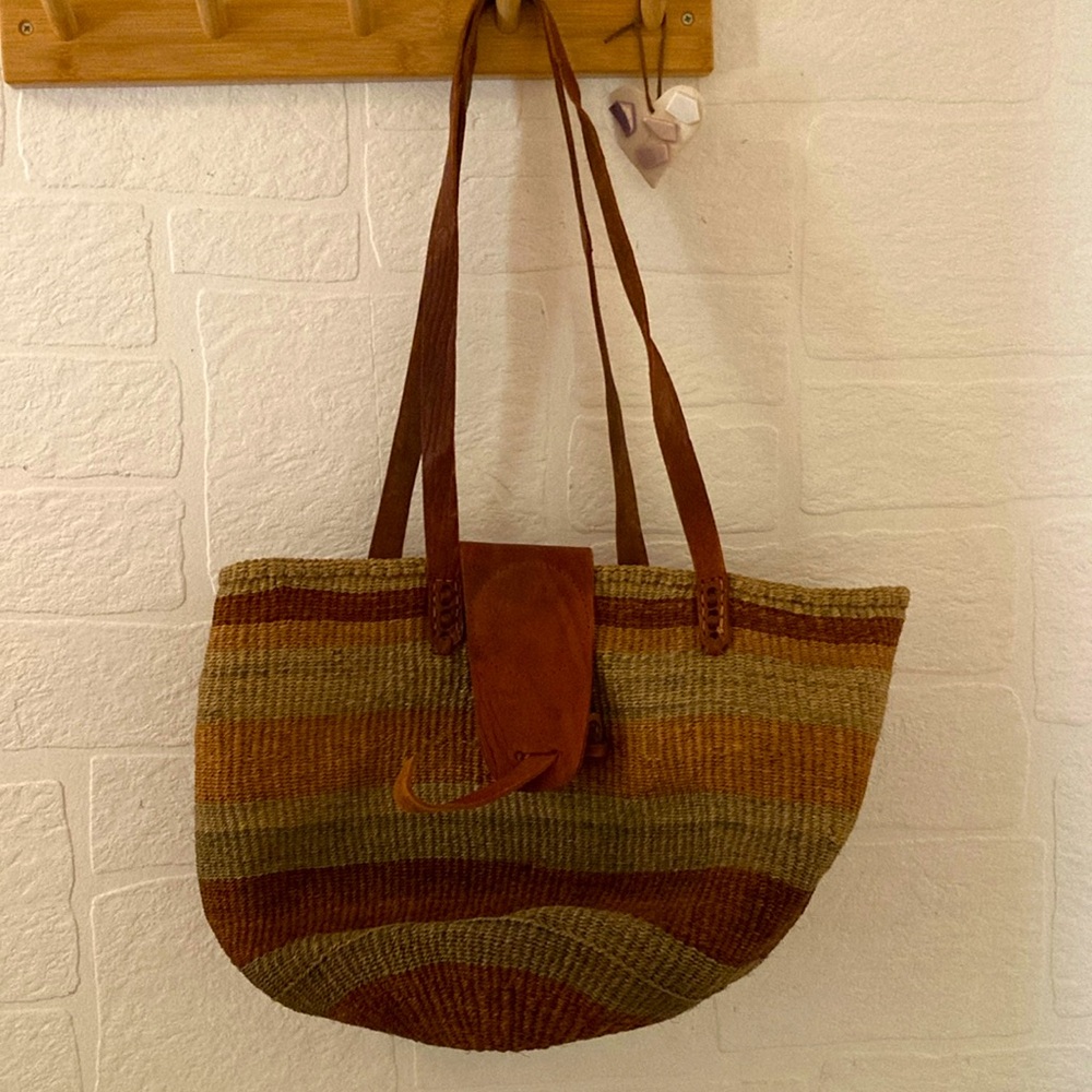 Vintage Sisal Tote Bag - Brown and Tan